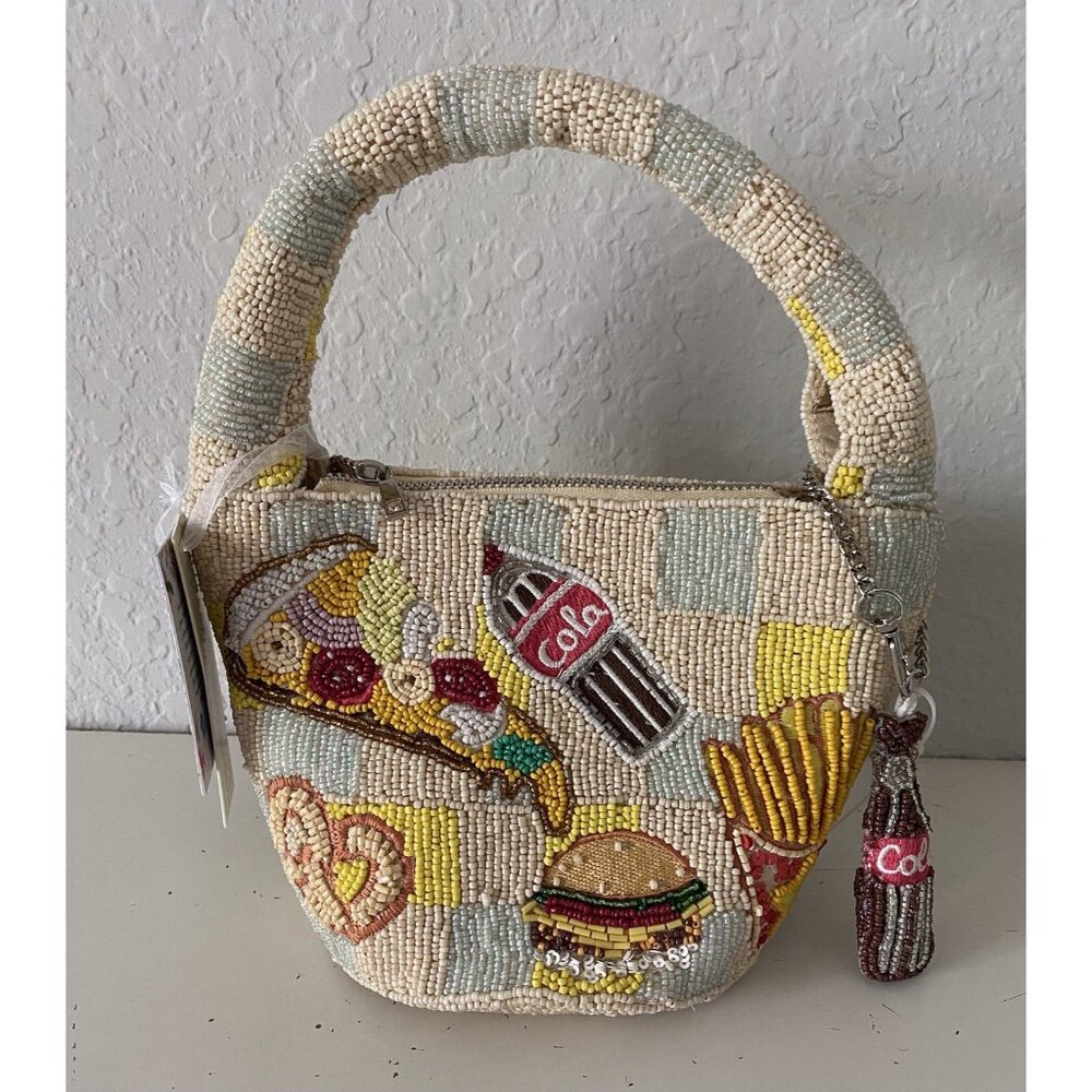 Handcrafted In India Fast Food Coke Fries Hotdog Pizza Beaded Shoulder Bag NEW